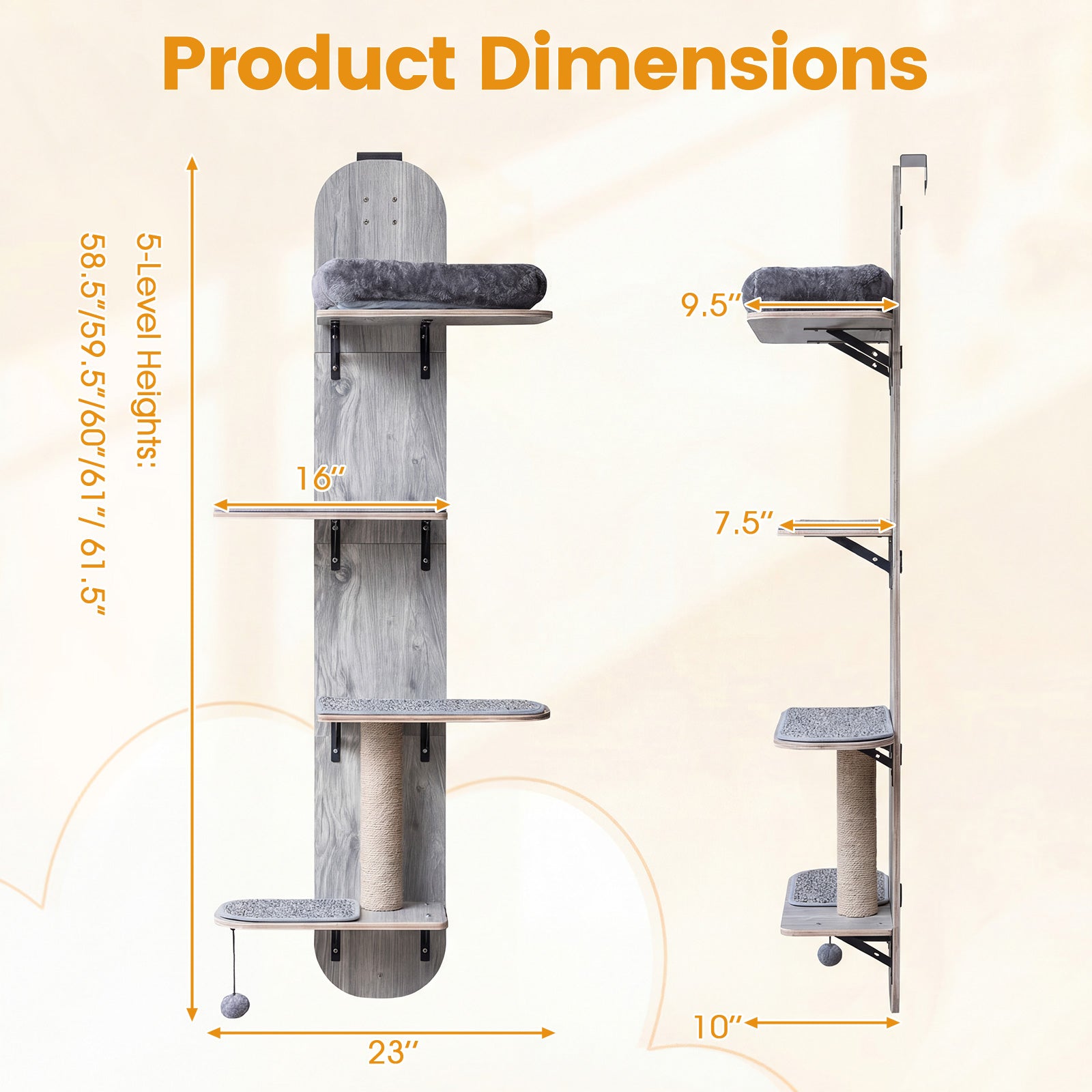 Door Hanging Cat Climber 4-level Height Adjustable with Plush Bed-Gray