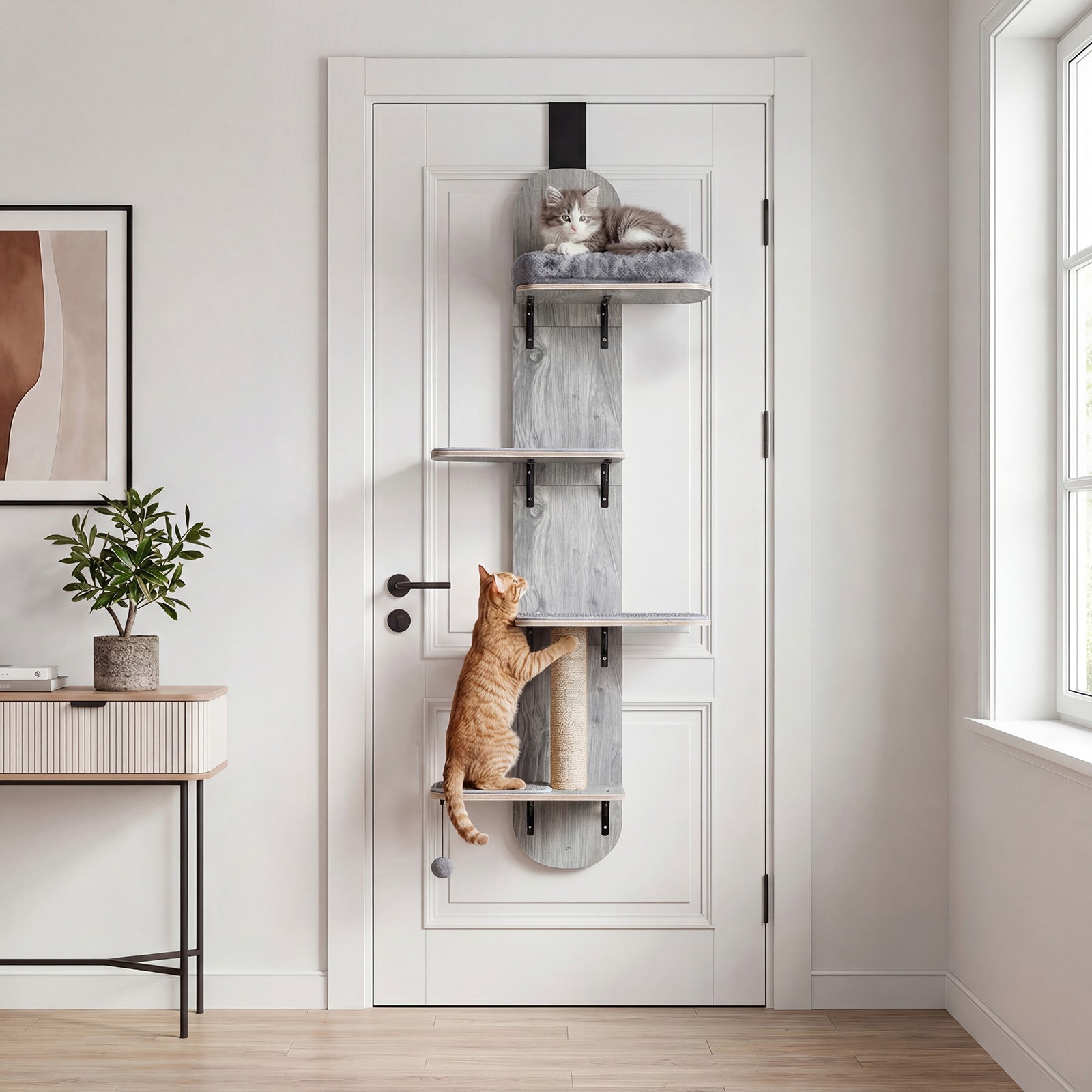 Door Hanging Cat Climber 4-level Height Adjustable with Plush Bed-Gray