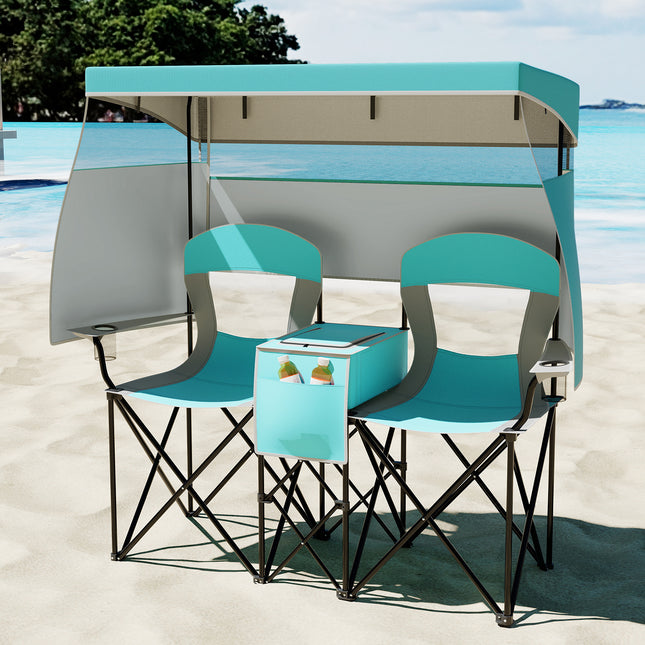 Double Beach Chair with Adjustable Canopy and 3 -Side Shading Curtains-Turquoise