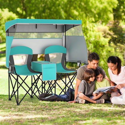 Double Beach Chair with Adjustable Canopy and 3 -Side Shading Curtains-Turquoise