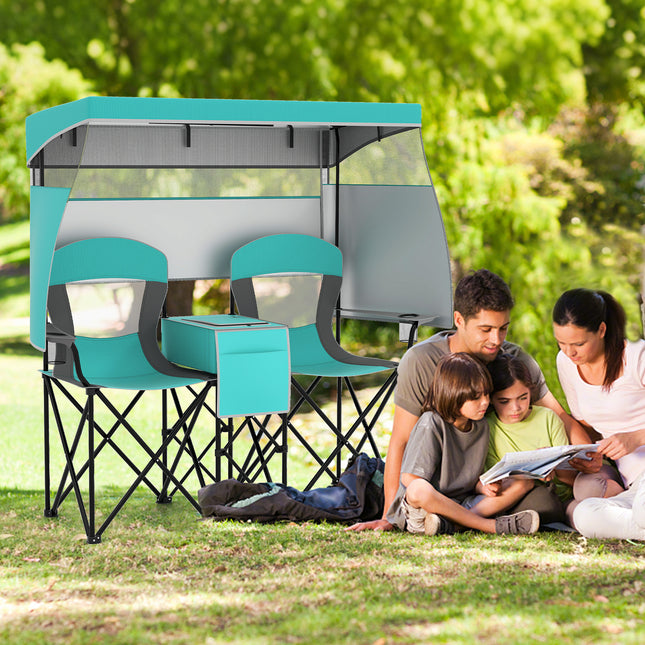 Double Beach Chair with Adjustable Canopy and 3 -Side Shading Curtains-Turquoise