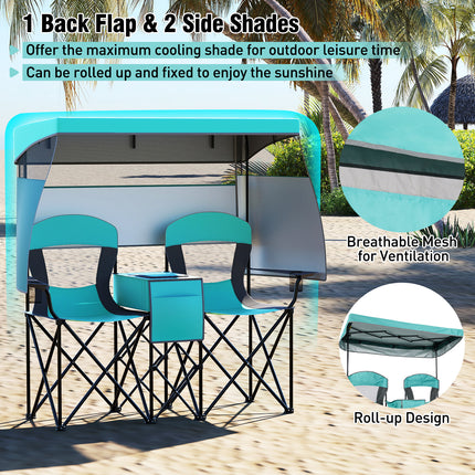 Double Beach Chair with Adjustable Canopy and 3 -Side Shading Curtains-Turquoise