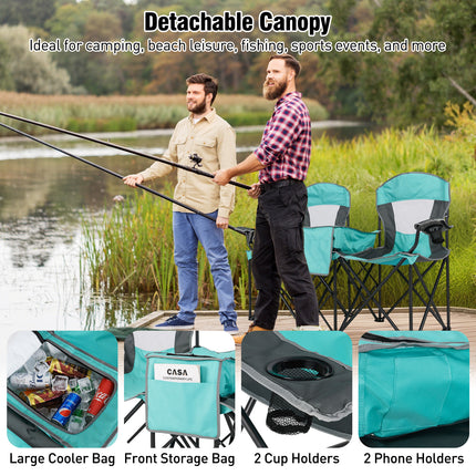 Double Beach Chair with Adjustable Canopy and 3 -Side Shading Curtains-Turquoise