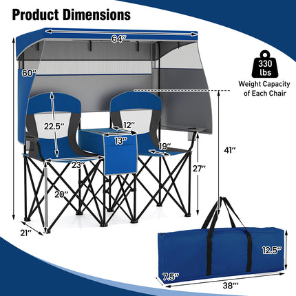 Double Beach Chair with Adjustable Canopy and 3 -Side Shading Curtains-Navy