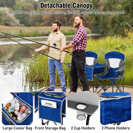 Double Beach Chair with Adjustable Canopy and 3 -Side Shading Curtains-Navy