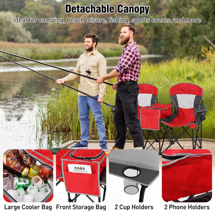 Double Beach Chair with Adjustable Canopy and 3 -Side Shading Curtains-Red