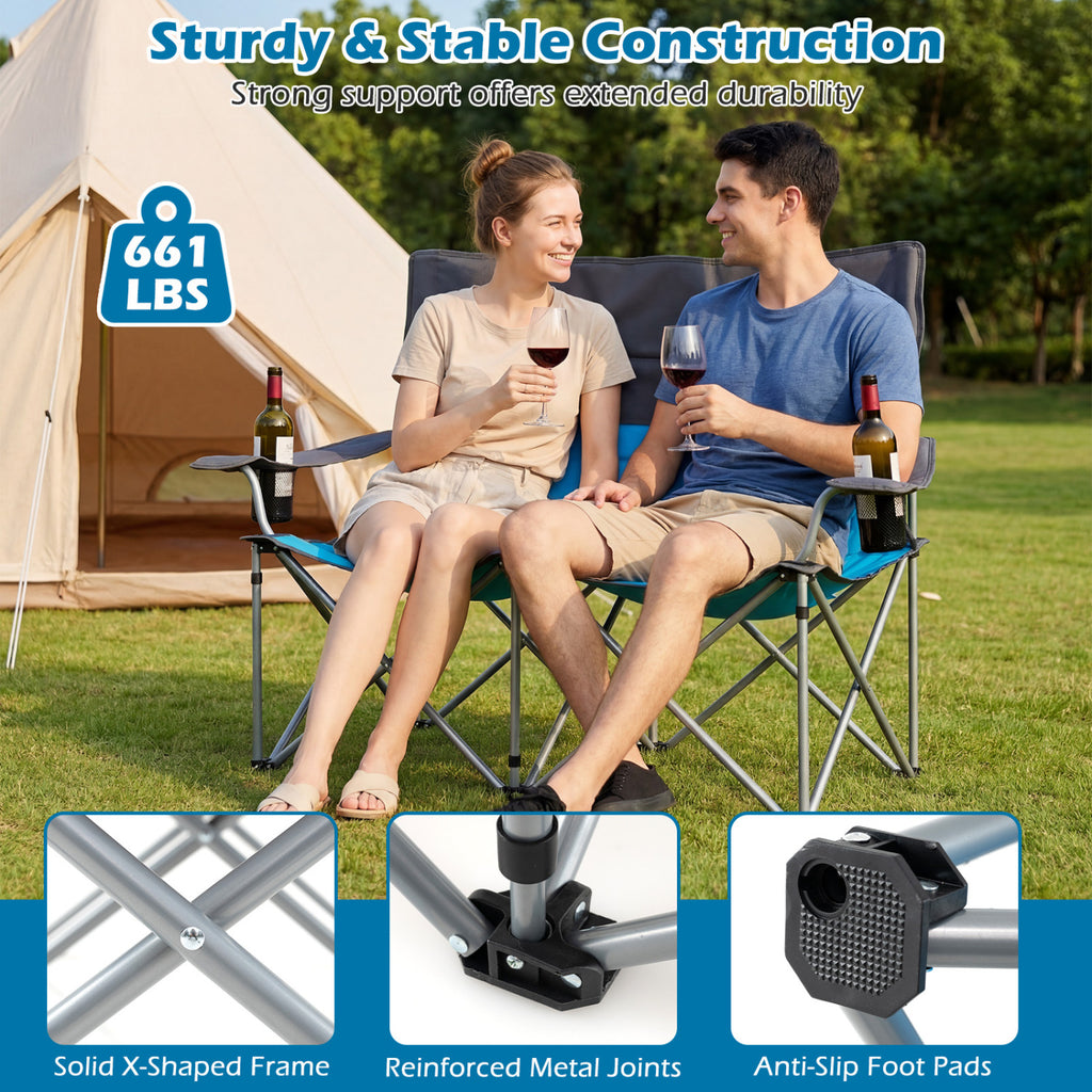 Fauteuil de camping double avec sac de transport et porte-gobelets - Bleu