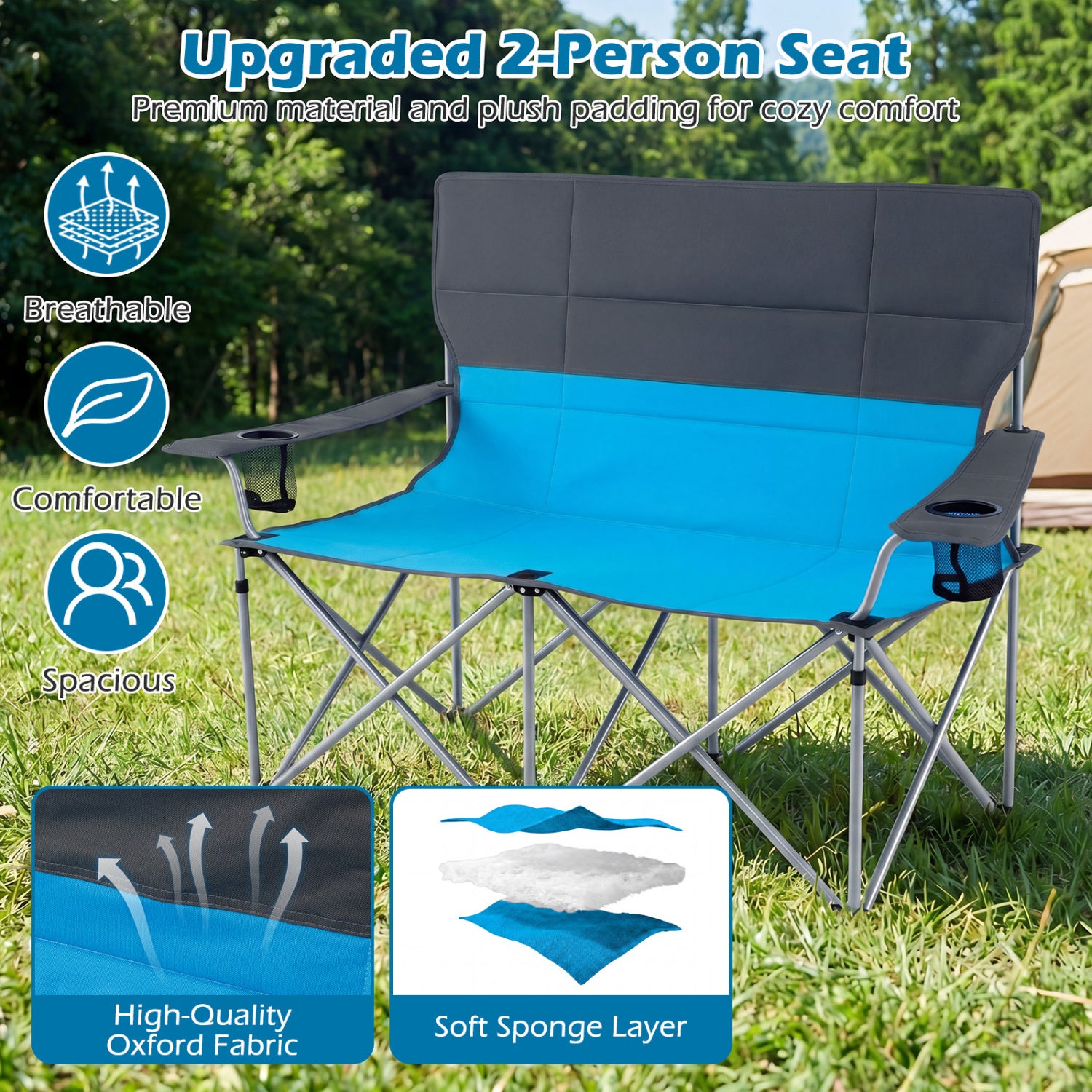 Fauteuil de camping double avec sac de transport et porte-gobelets - Bleu