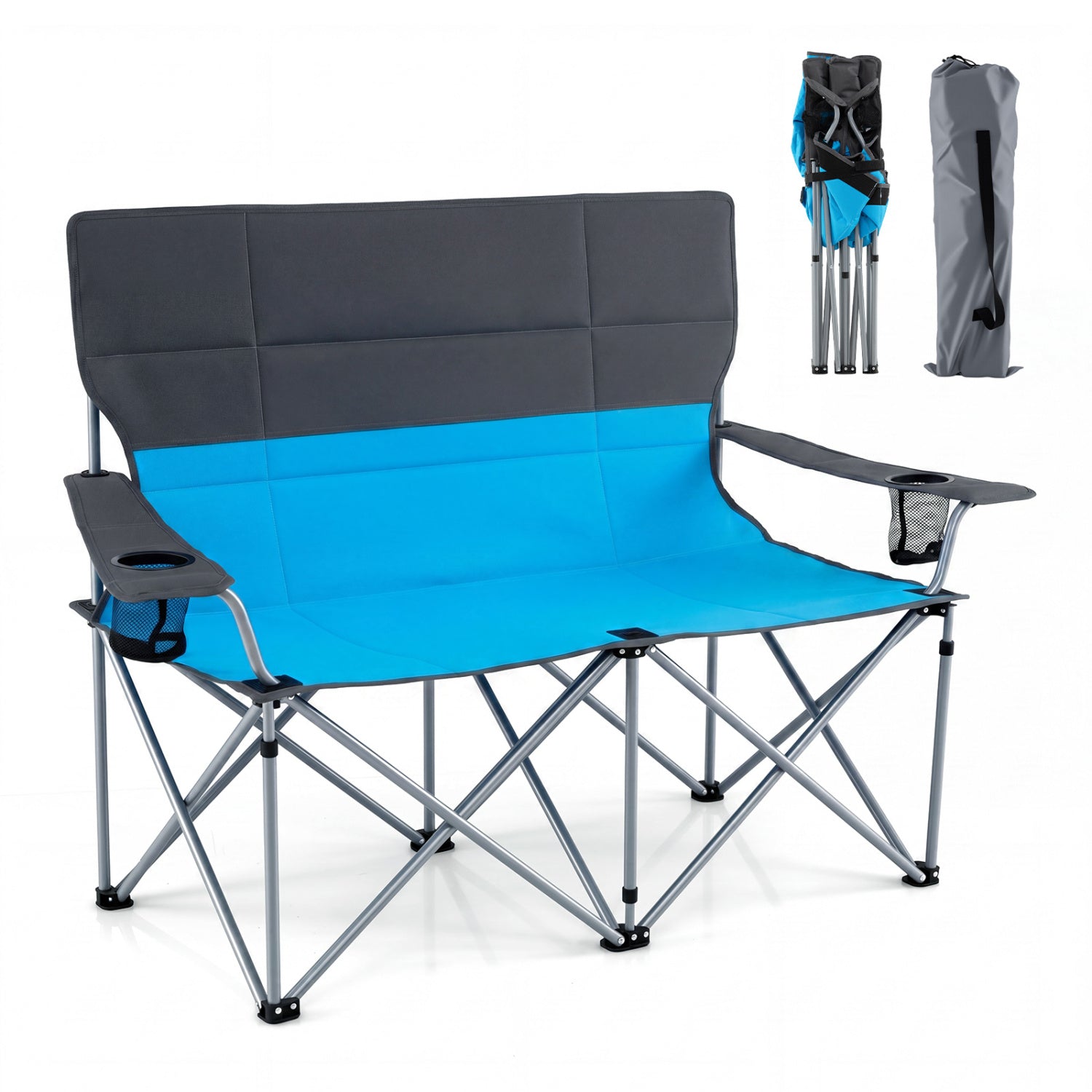 Fauteuil de camping double avec sac de transport et porte-gobelets - Bleu