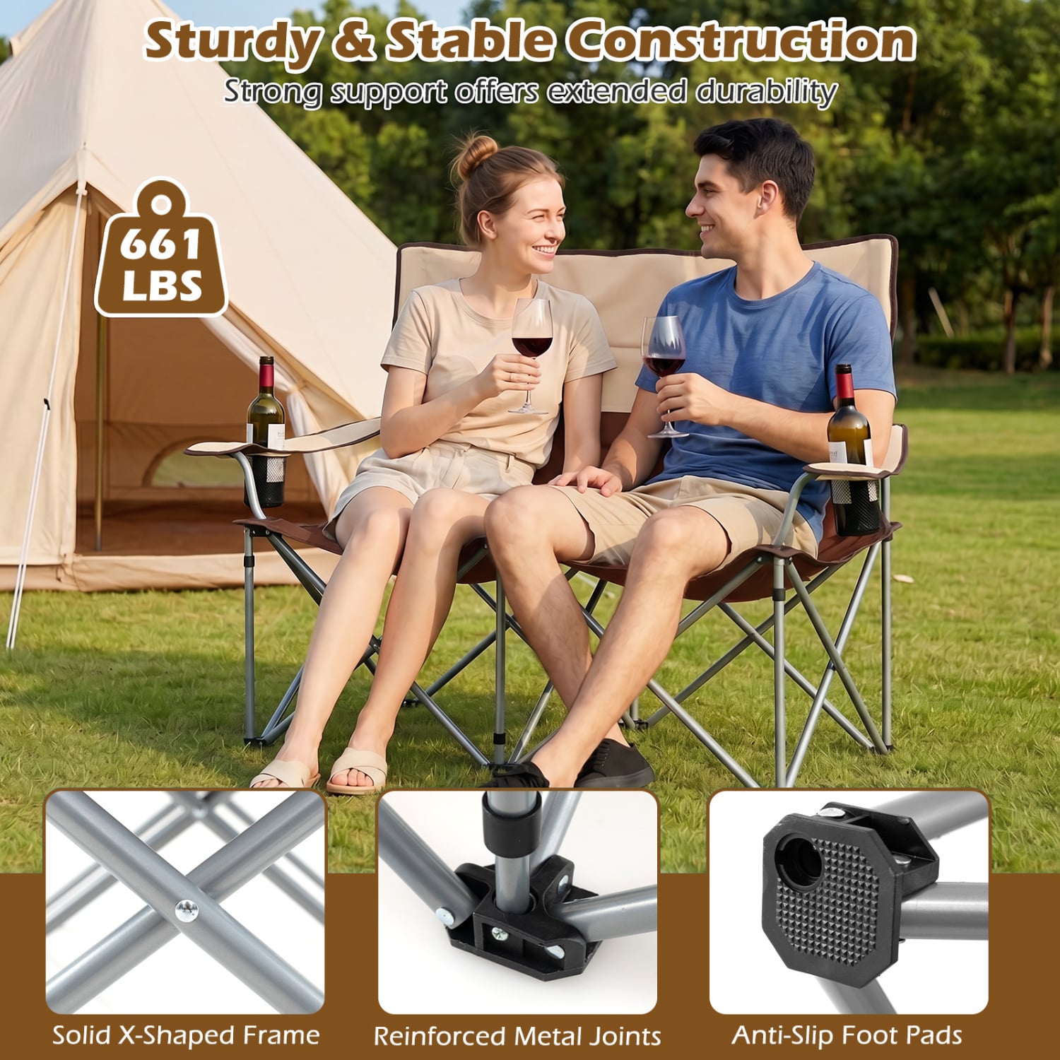 Chaise de camping double avec sac de transport et porte-gobelets – Marron