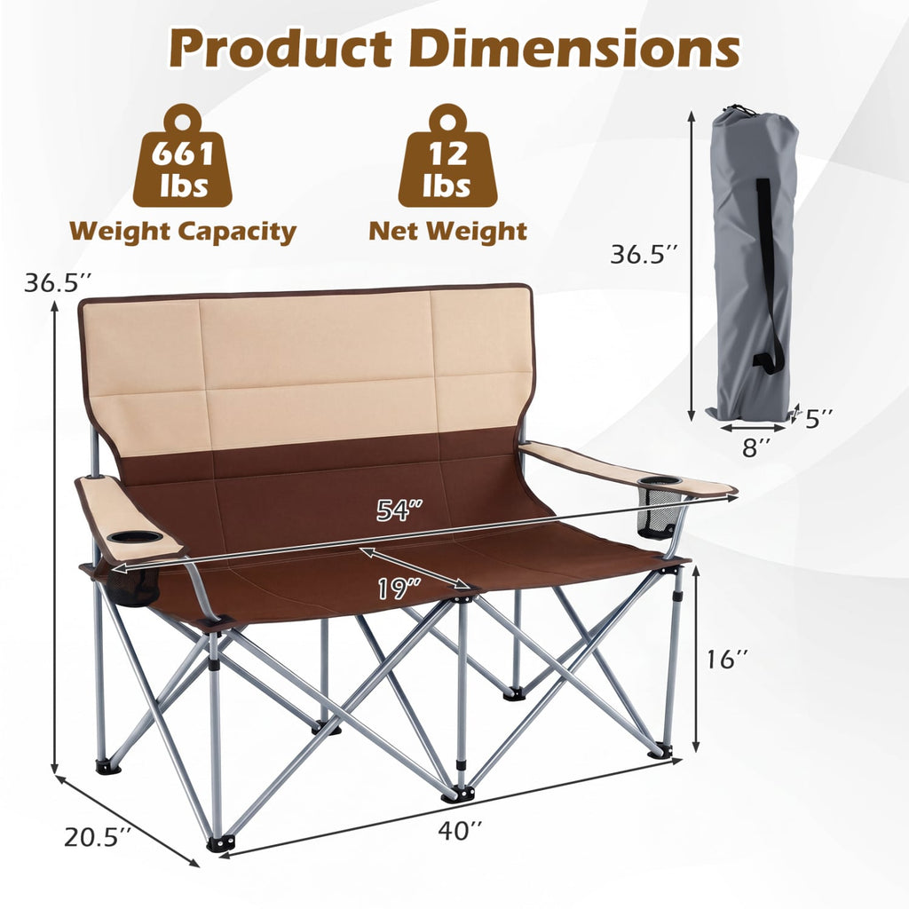 Chaise de camping double avec sac de transport et porte-gobelets – Marron