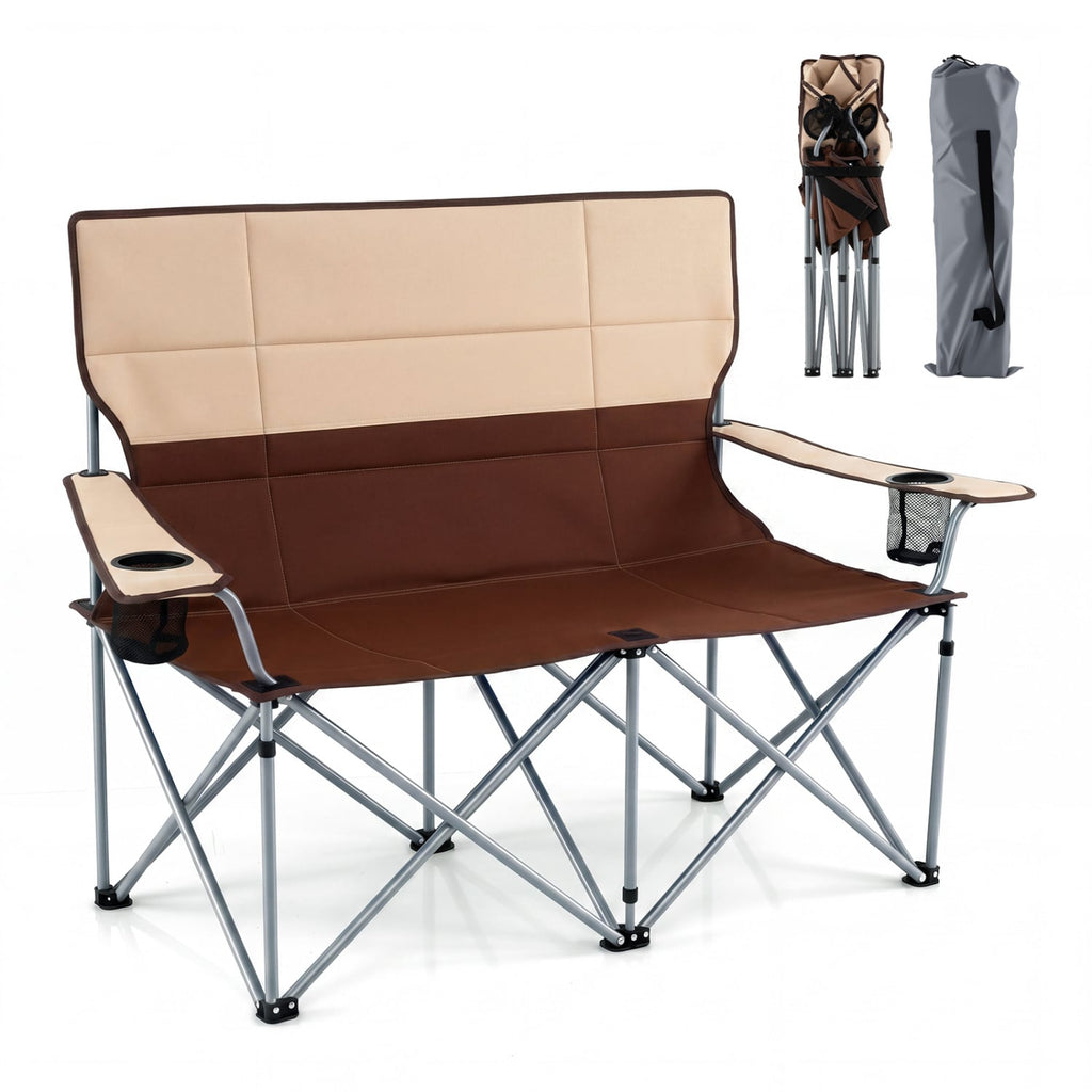 Chaise de camping double avec sac de transport et porte-gobelets – Marron