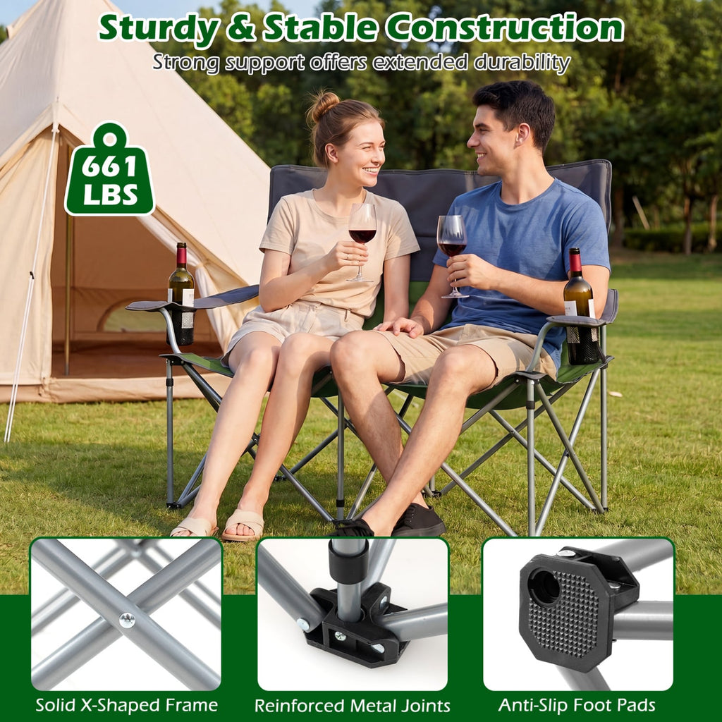 Chaise de camping double avec sac de transport porte-gobelets – Verte