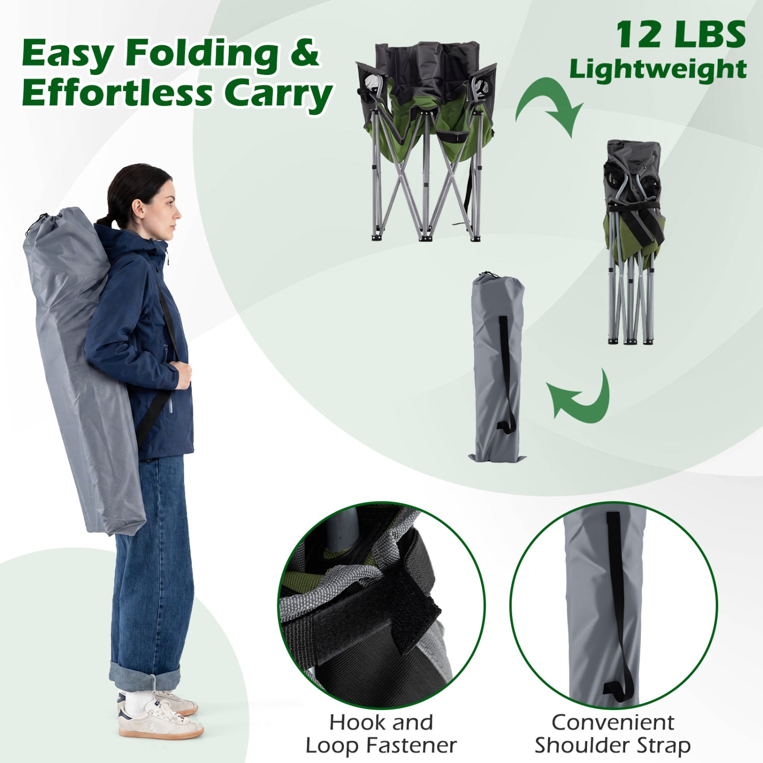 Chaise de camping double avec sac de transport porte-gobelets – Verte