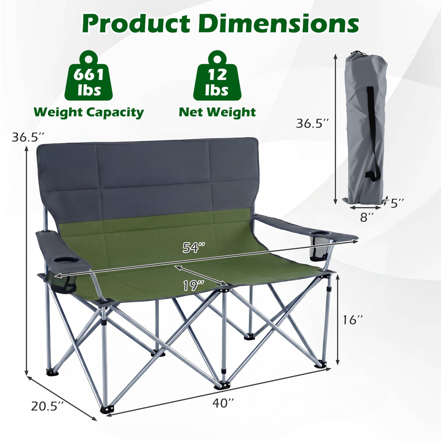 Chaise de camping double avec sac de transport porte-gobelets – Verte
