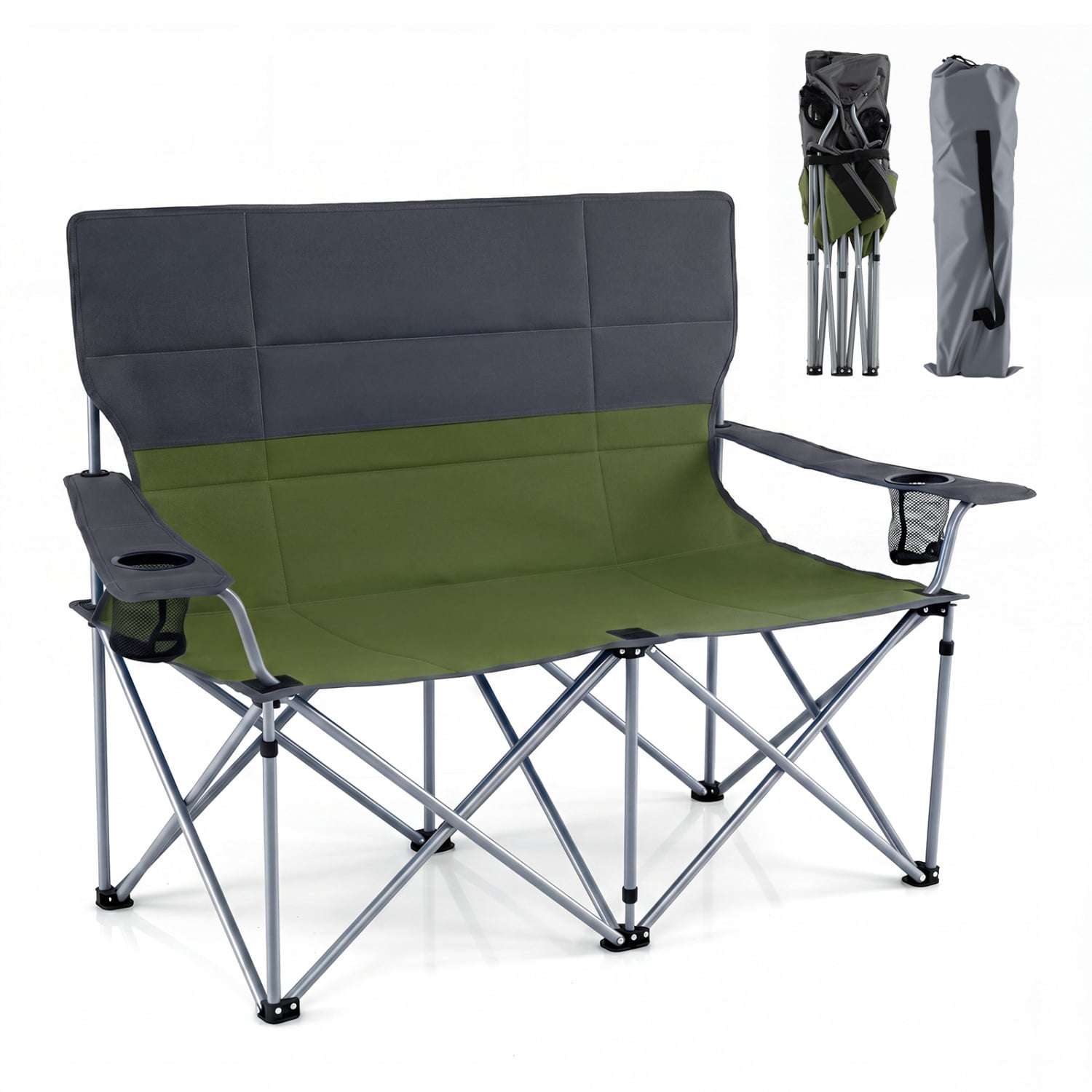 Chaise de camping double avec sac de transport porte-gobelets – Verte