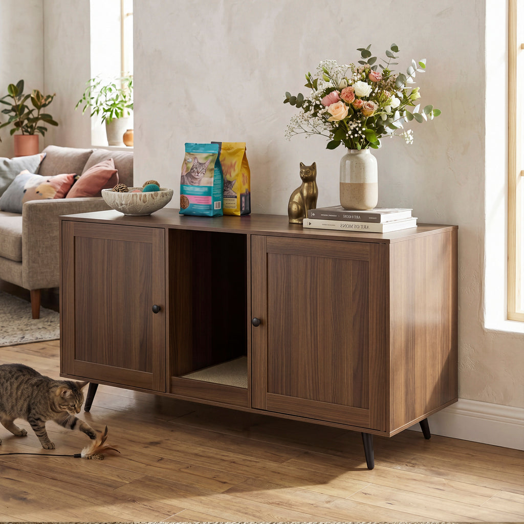 Double Cat Litter Box Enclosure for 2 Cats with Scratching Pad and Double Rooms-Walnut