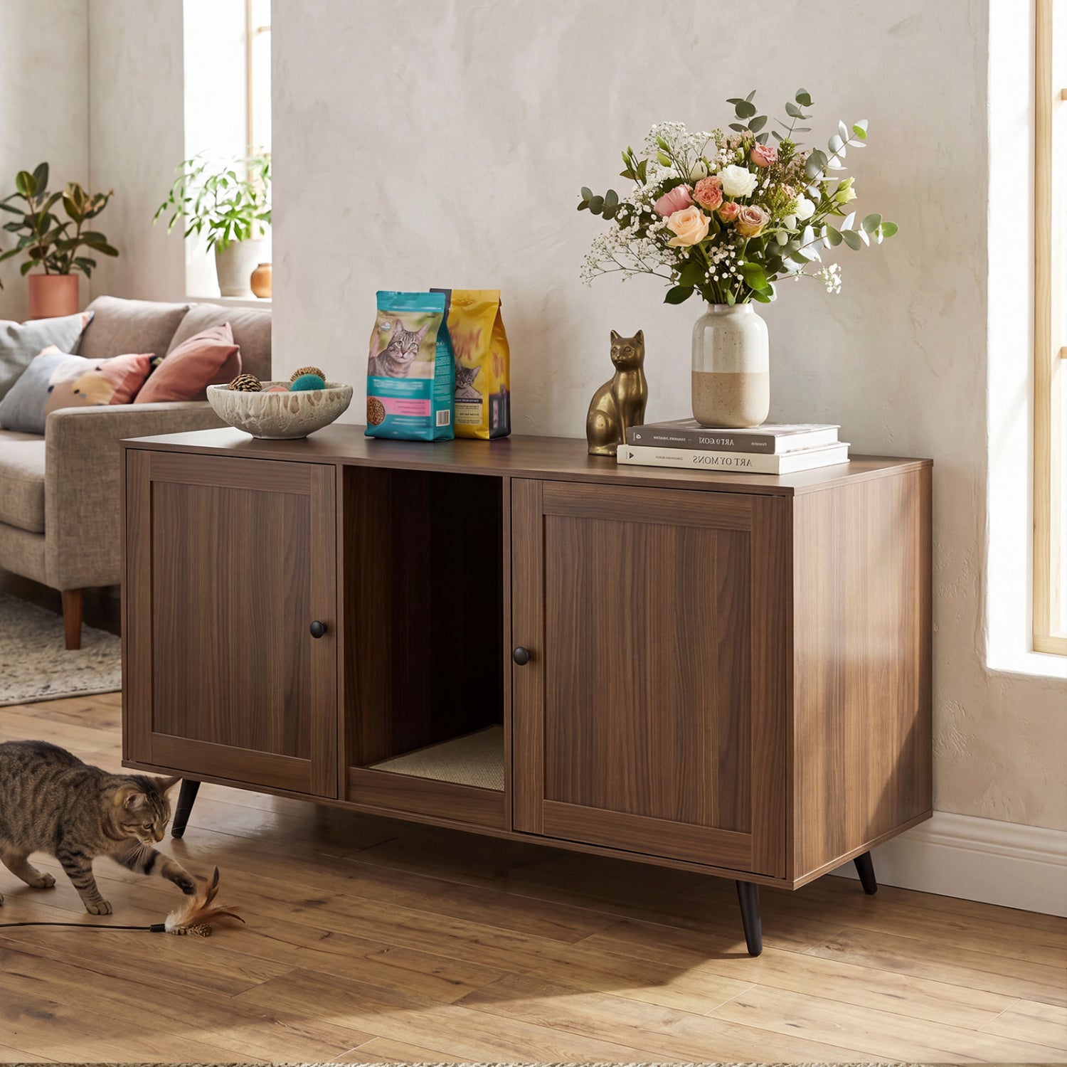 Double Cat Litter Box Enclosure for 2 Cats with Scratching Pad and Double Rooms-Walnut