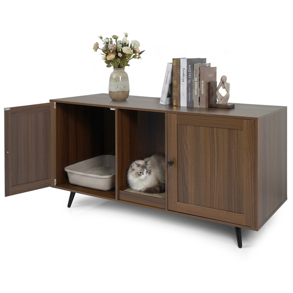 Double Cat Litter Box Enclosure for 2 Cats with Scratching Pad and Double Rooms-Walnut