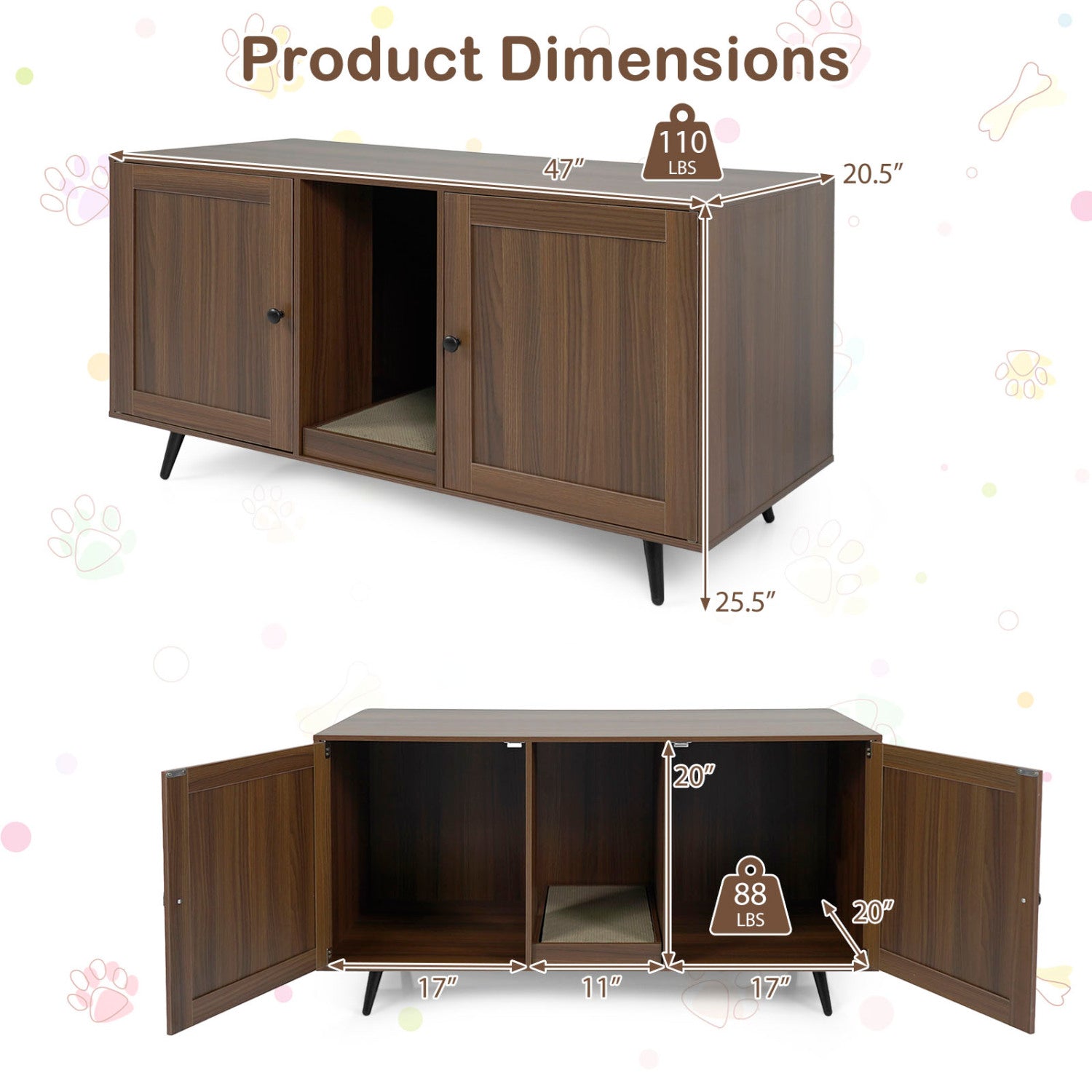 Double Cat Litter Box Enclosure for 2 Cats with Scratching Pad and Double Rooms-Walnut
