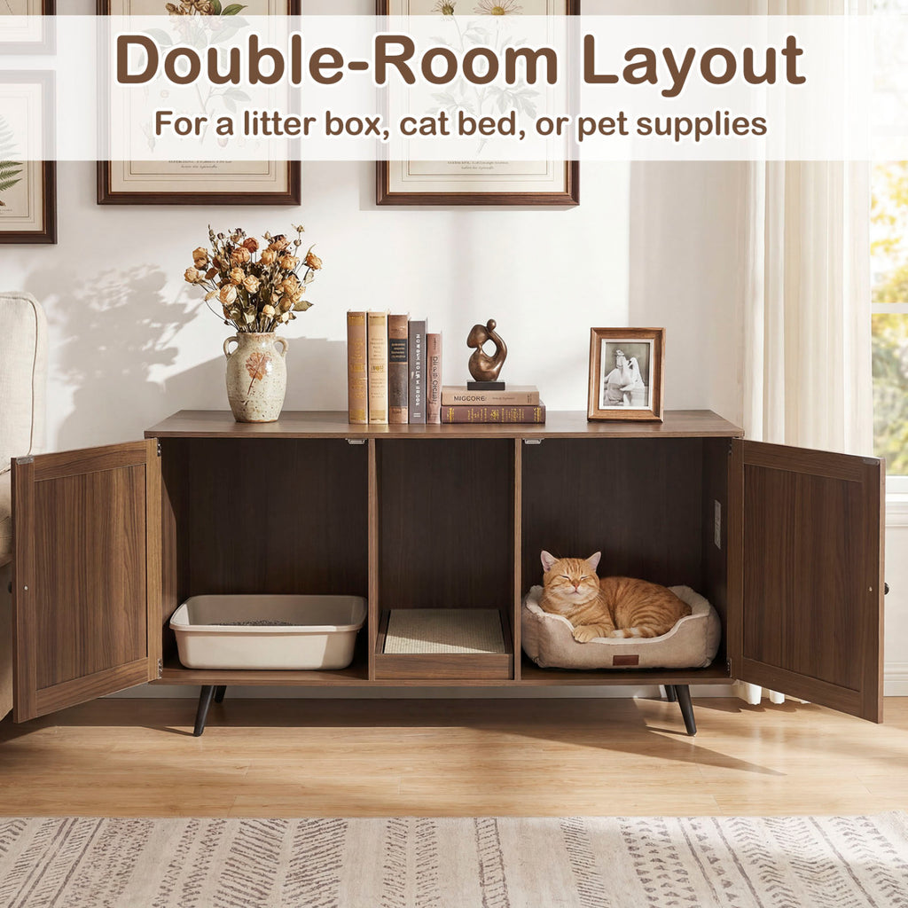 Double Cat Litter Box Enclosure for 2 Cats with Scratching Pad and Double Rooms-Walnut