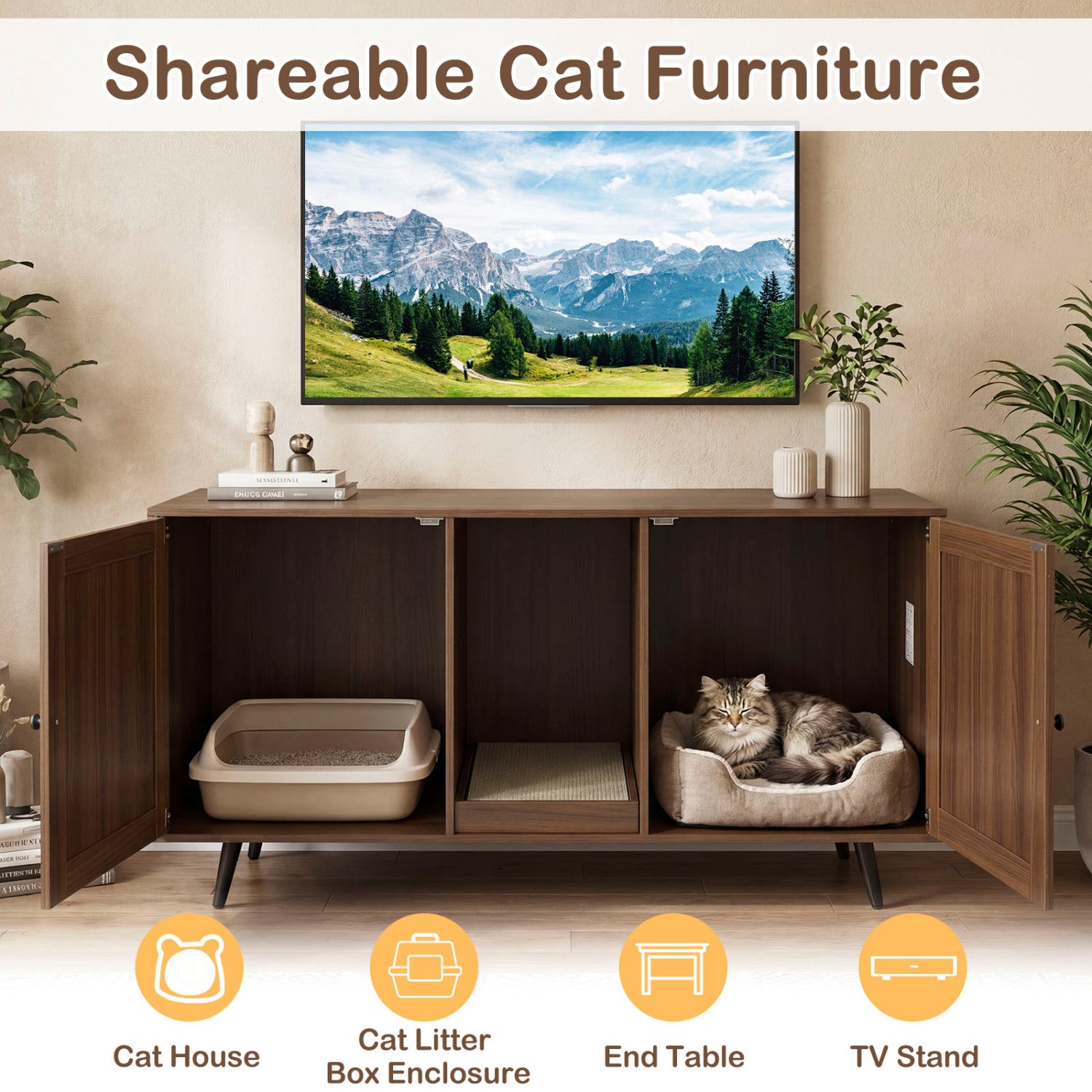Double Cat Litter Box Enclosure for 2 Cats with Scratching Pad and Double Rooms-Walnut
