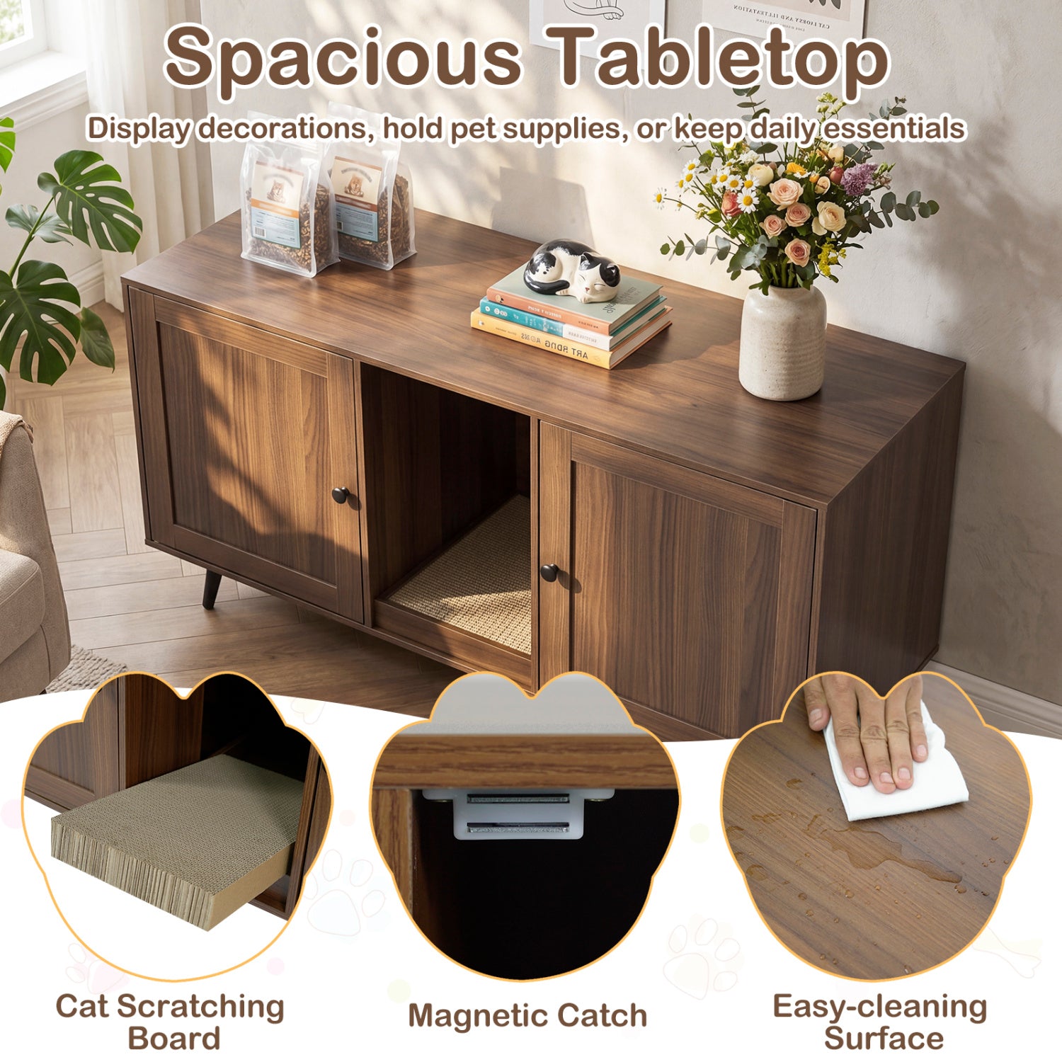 Double Cat Litter Box Enclosure for 2 Cats with Scratching Pad and Double Rooms-Walnut