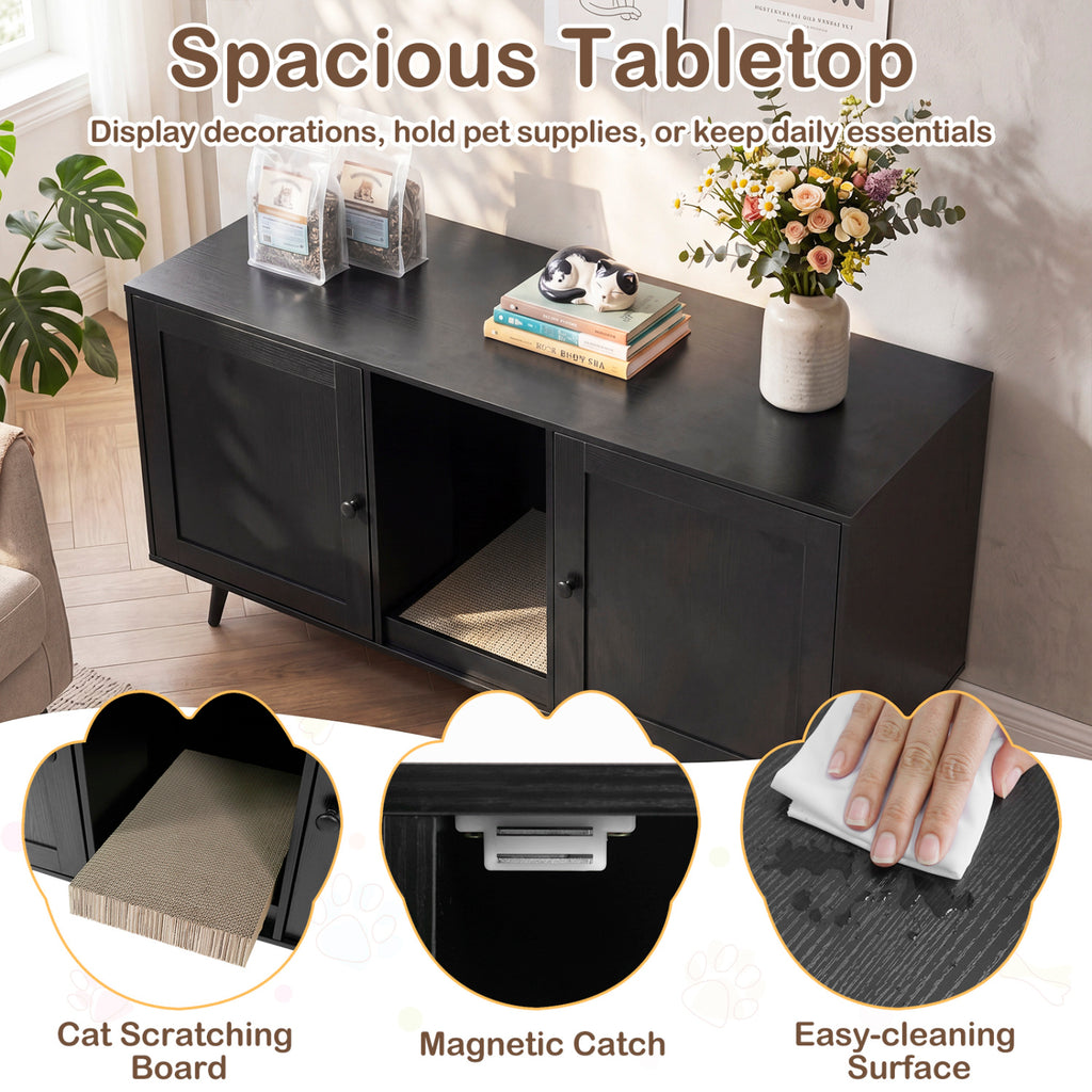 Double Cat Litter Box Enclosure for 2 Cats with Scratching Pad and Double Rooms-Black