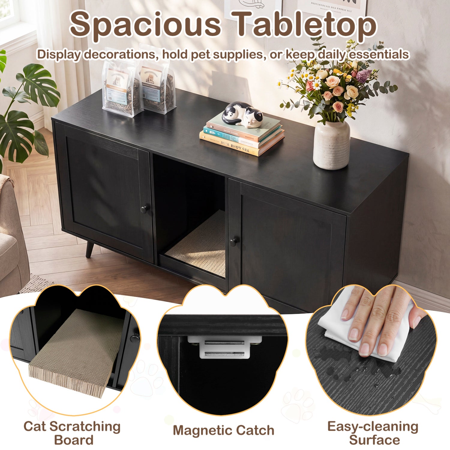 Double Cat Litter Box Enclosure for 2 Cats with Scratching Pad and Double Rooms-Black