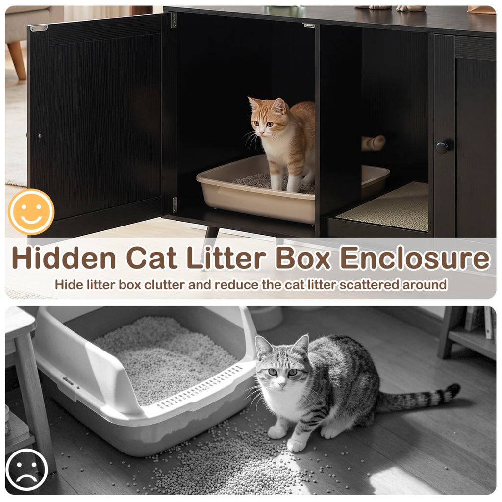 Double Cat Litter Box Enclosure for 2 Cats with Scratching Pad and Double Rooms-Black