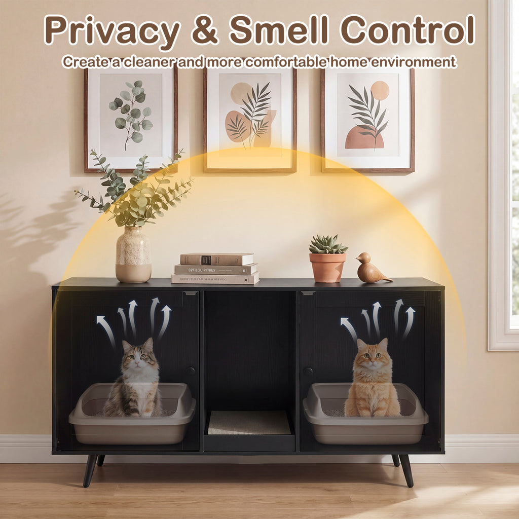Double Cat Litter Box Enclosure for 2 Cats with Scratching Pad and Double Rooms-Black