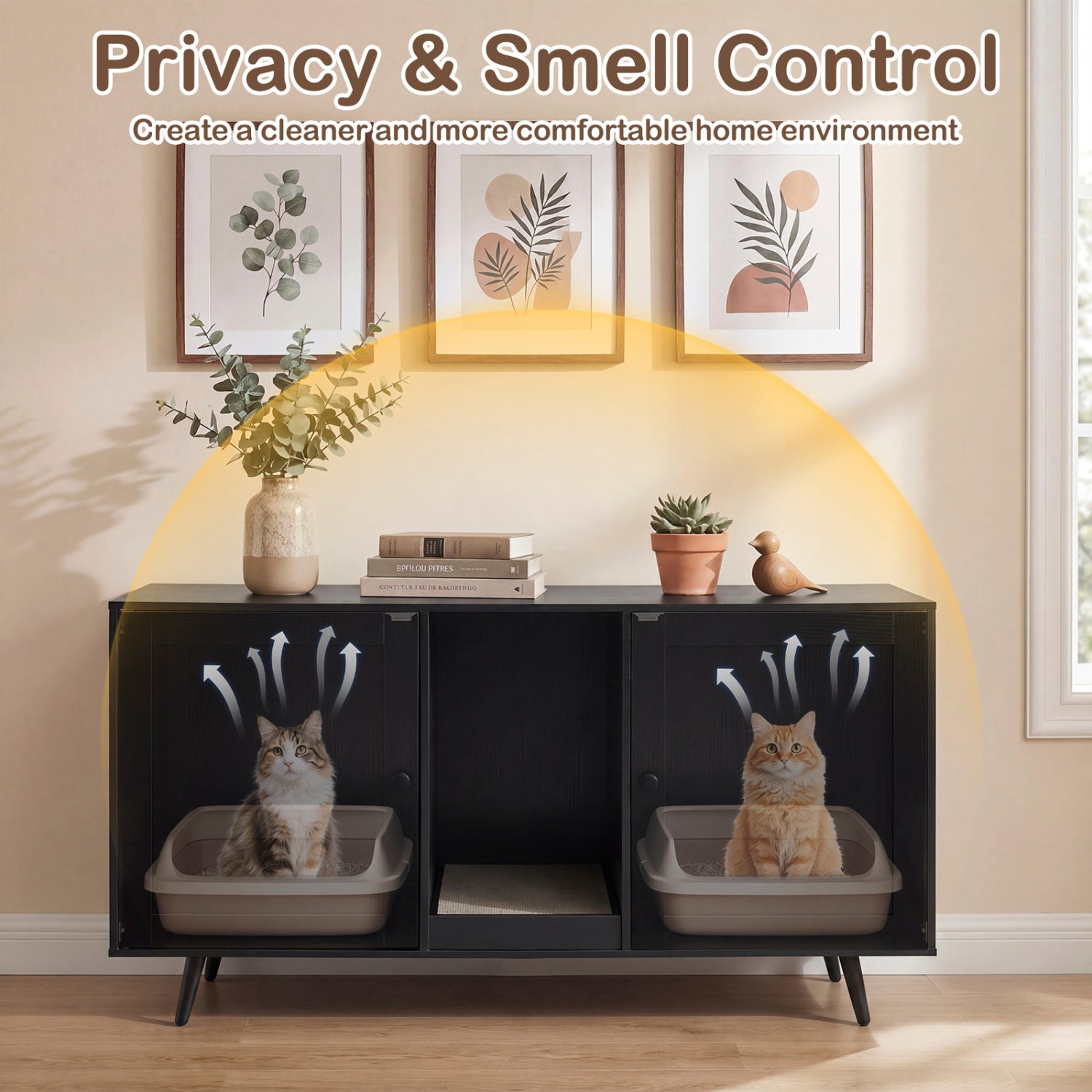 Double Cat Litter Box Enclosure for 2 Cats with Scratching Pad and Double Rooms-Black