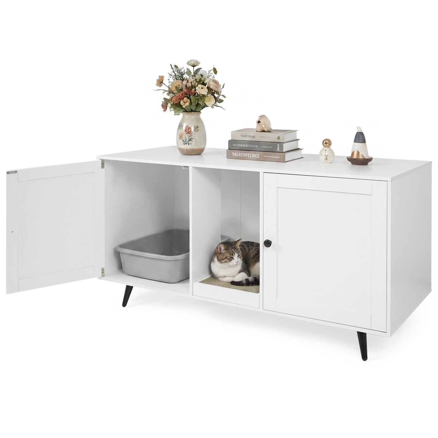 Double Cat Litter Box Enclosure for 2 Cats with Scratching Pad and Double Rooms-White