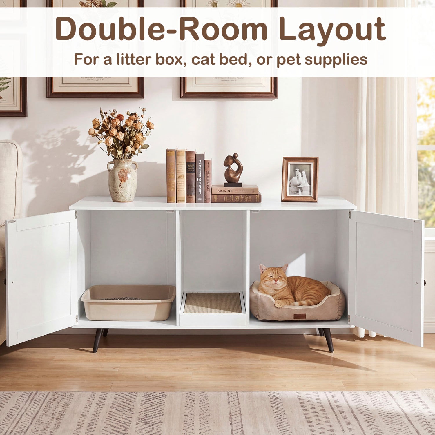 Double Cat Litter Box Enclosure for 2 Cats with Scratching Pad and Double Rooms-White