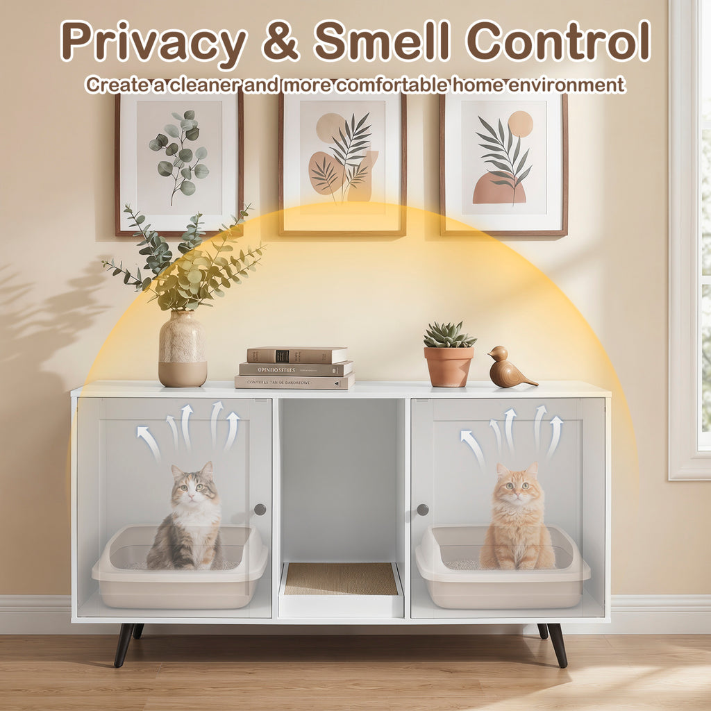 Double Cat Litter Box Enclosure for 2 Cats with Scratching Pad and Double Rooms-White