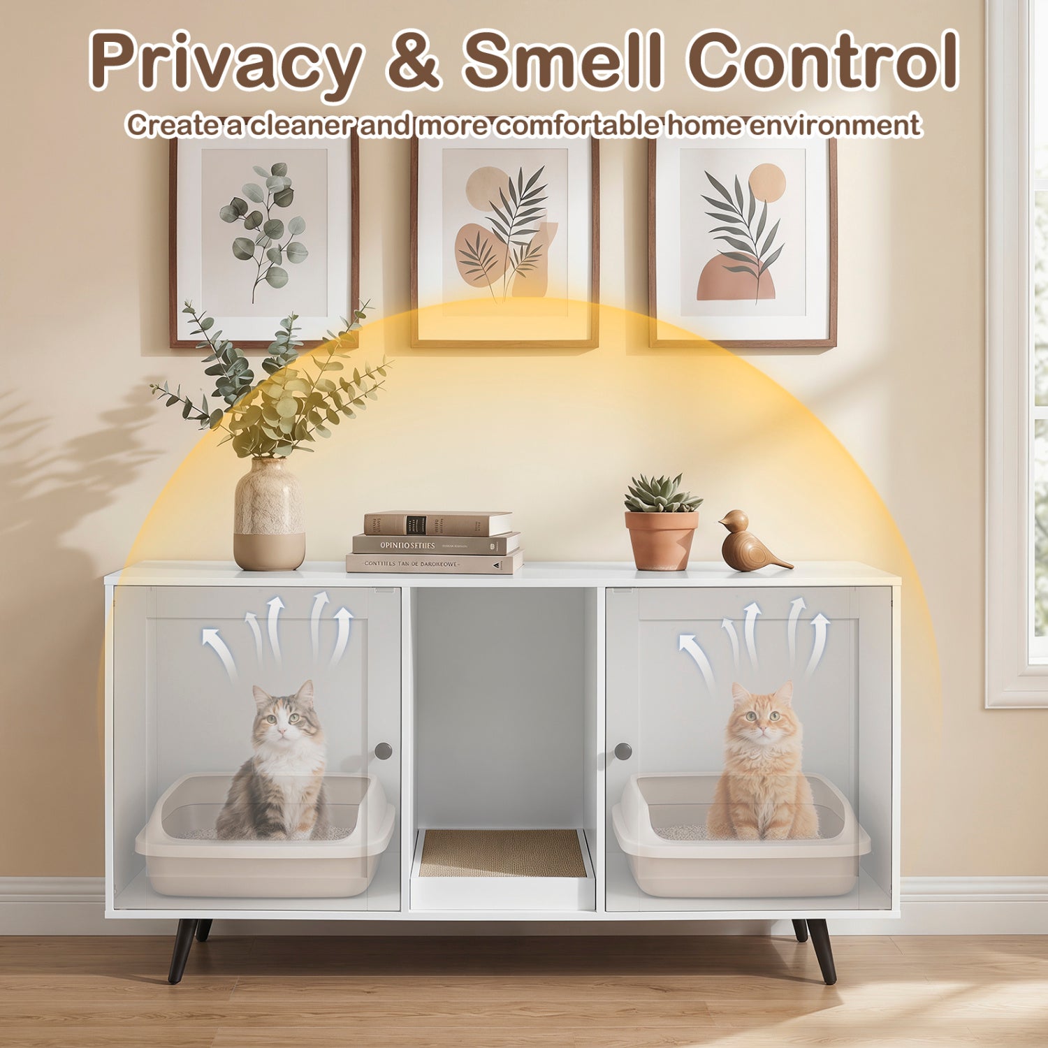 Double Cat Litter Box Enclosure for 2 Cats with Scratching Pad and Double Rooms-White
