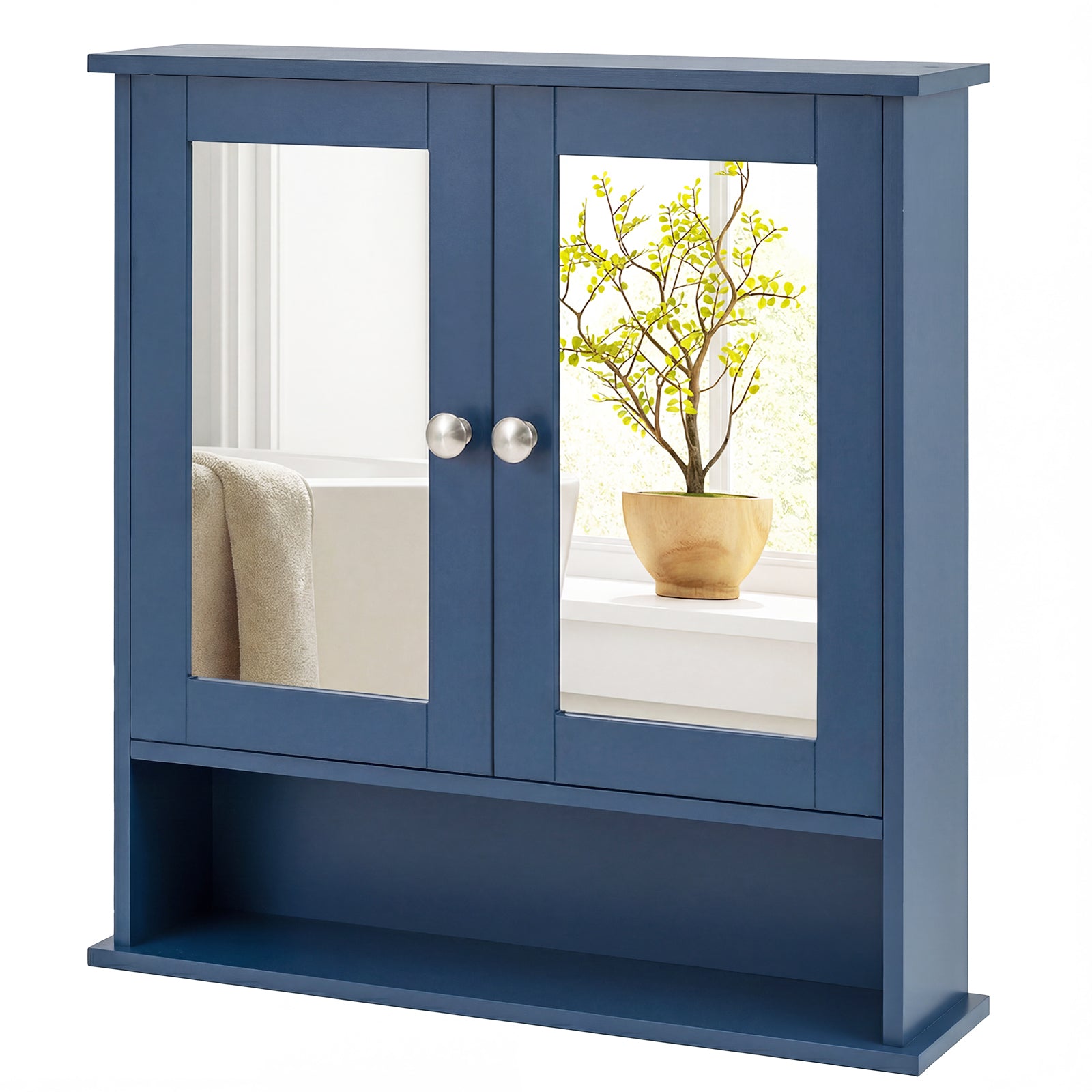 Double Door Wall-Mounted Bathroom Mirror Cabinet with Storage Shelf-Blue