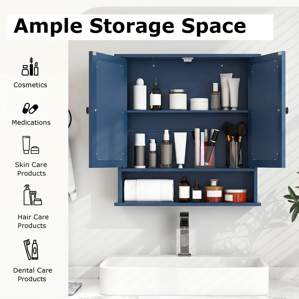 Double Door Wall-Mounted Bathroom Mirror Cabinet with Storage Shelf-Blue