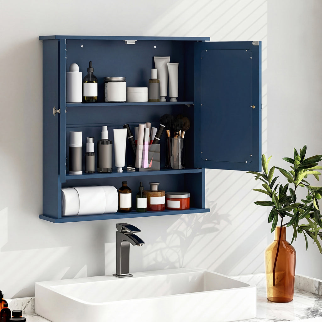 Double Door Wall-Mounted Bathroom Mirror Cabinet with Storage Shelf-Blue