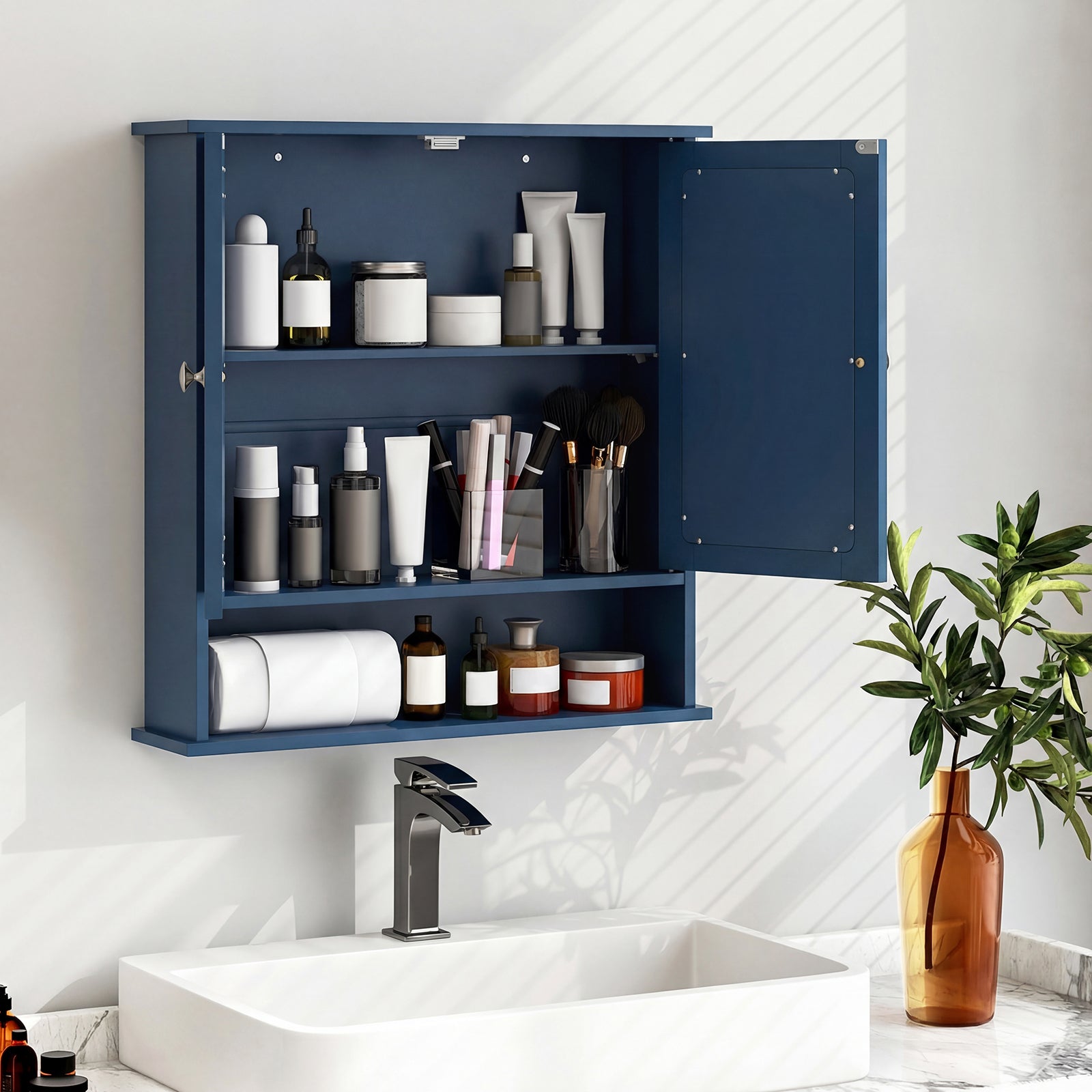 Double Door Wall-Mounted Bathroom Mirror Cabinet with Storage Shelf-Blue