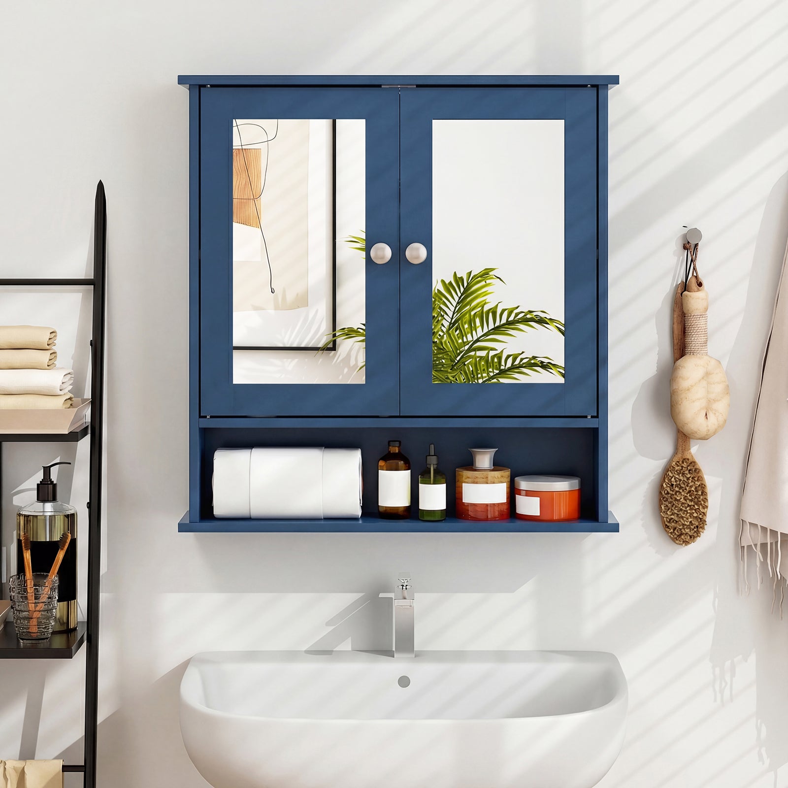 Double Door Wall-Mounted Bathroom Mirror Cabinet with Storage Shelf-Blue