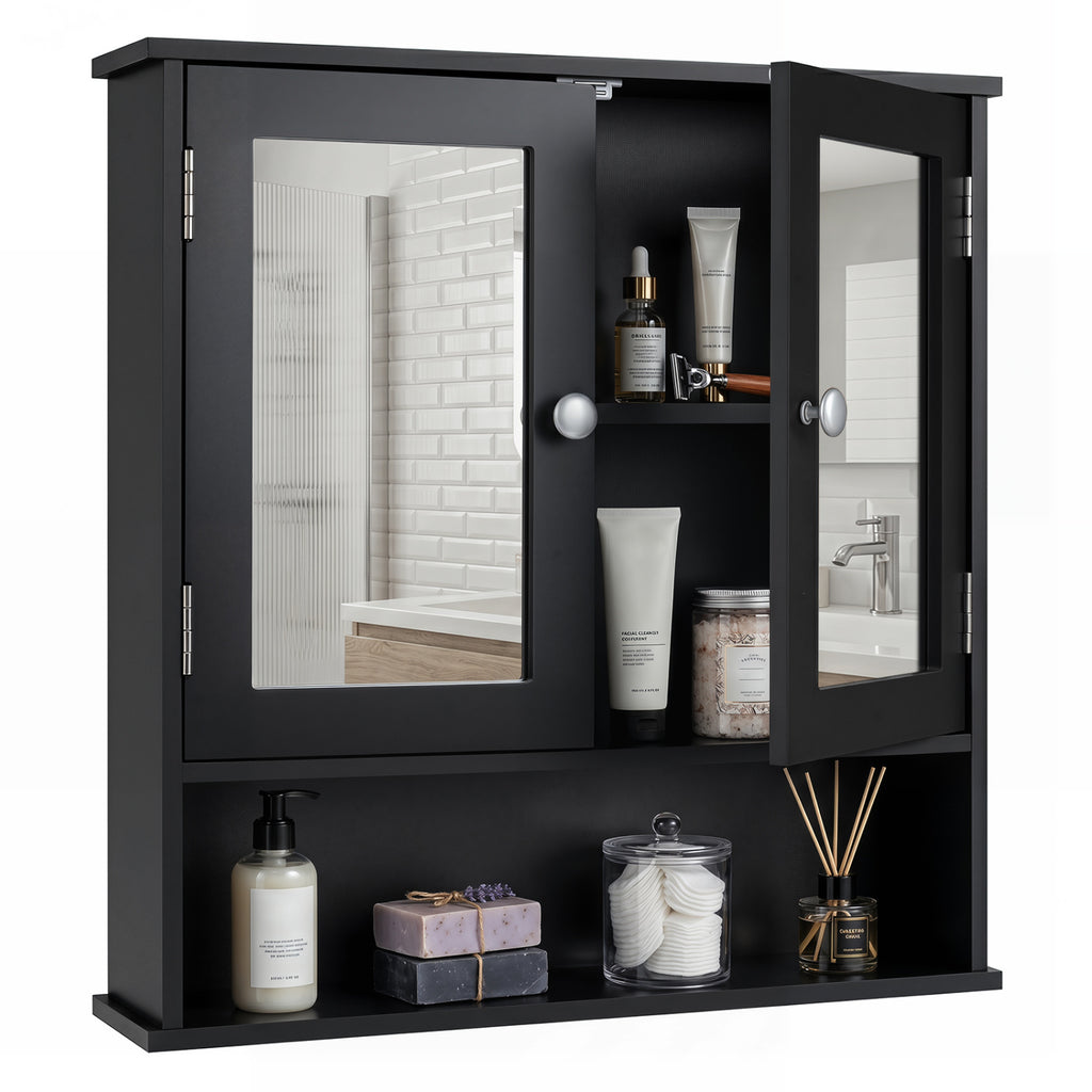 Double Door Wall-Mounted Bathroom Mirror Cabinet with Storage Shelf-Black