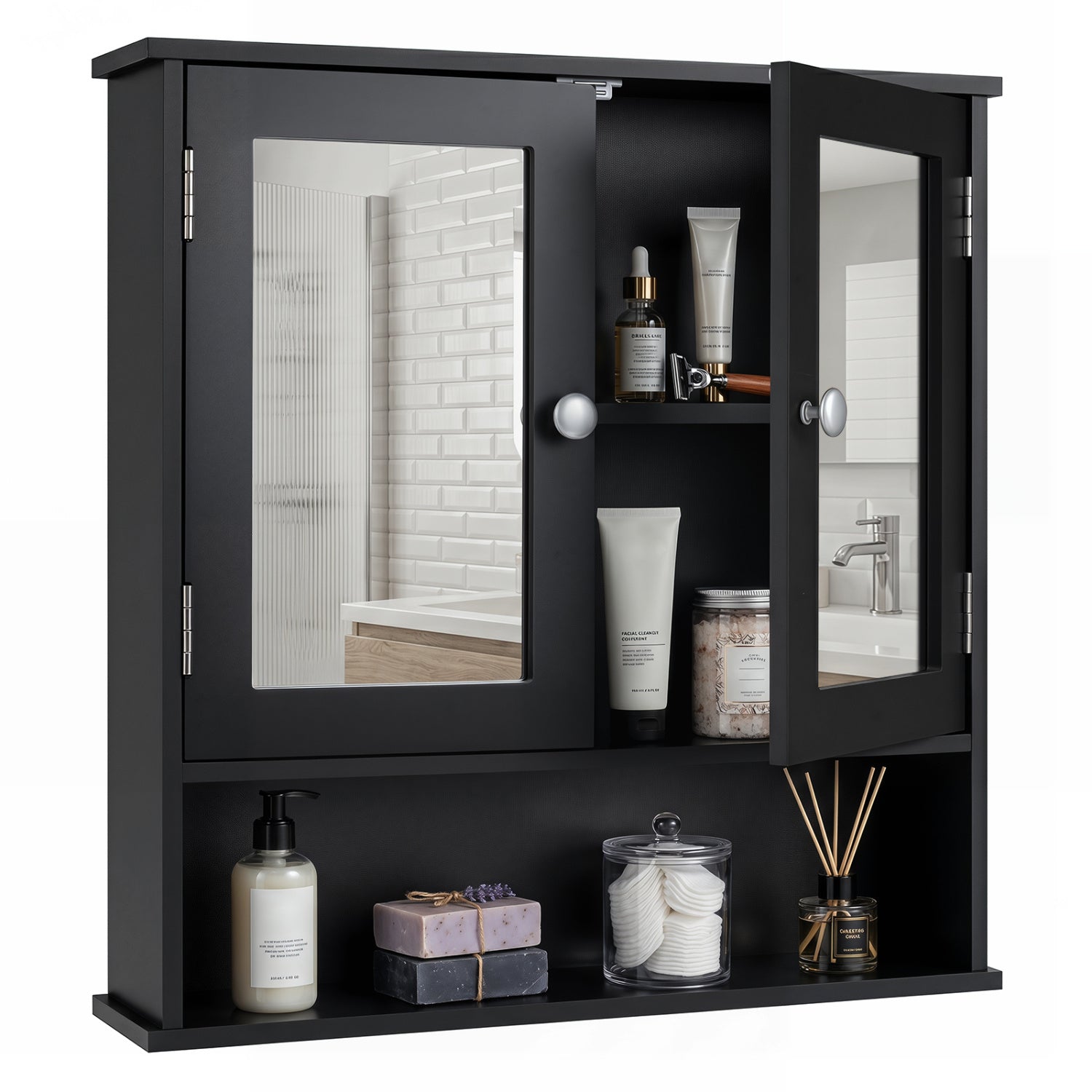 Double Door Wall-Mounted Bathroom Mirror Cabinet with Storage Shelf-Black