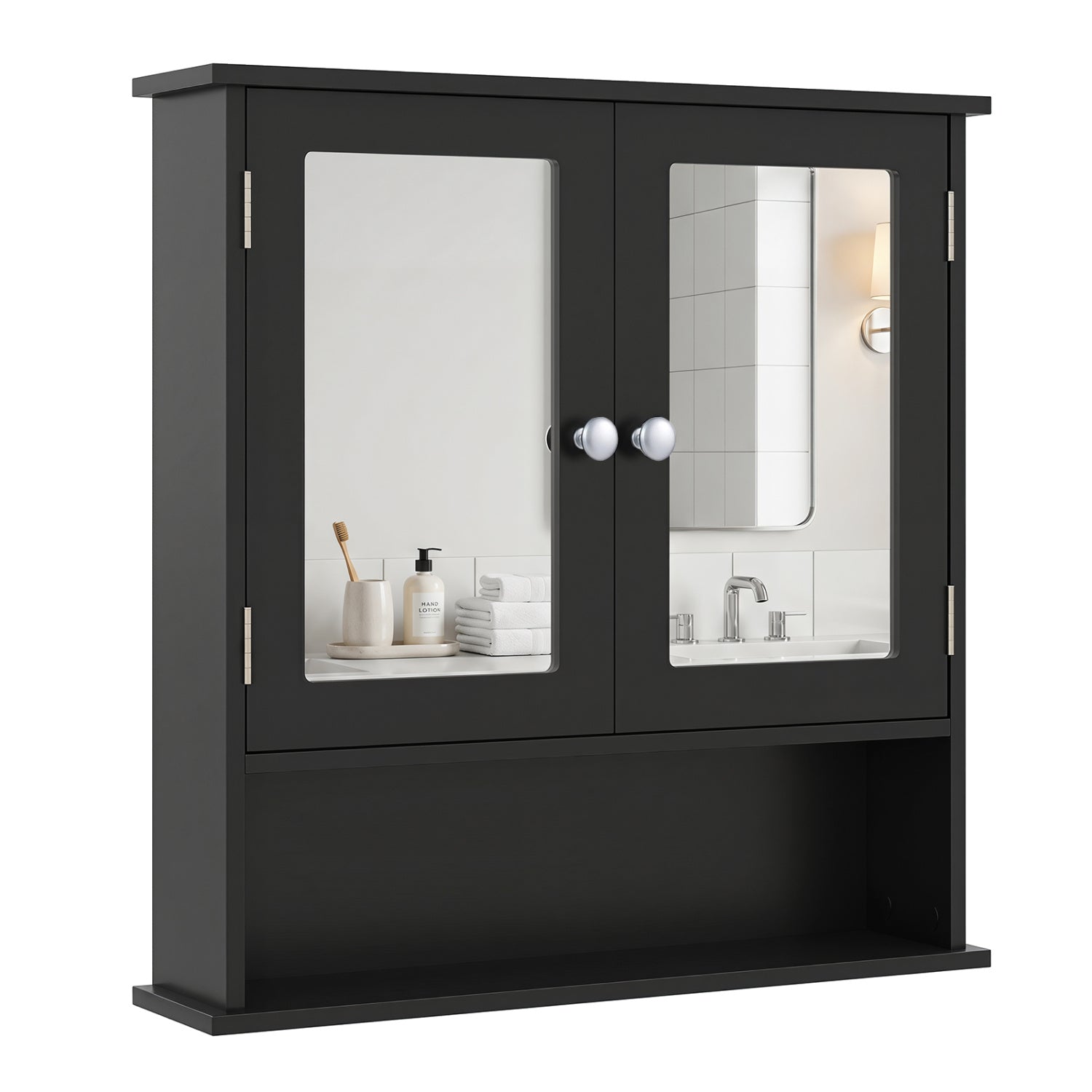 Double Door Wall-Mounted Bathroom Mirror Cabinet with Storage Shelf-Black