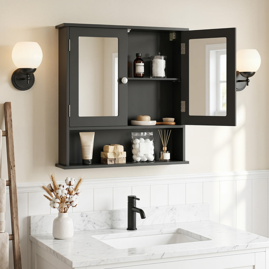 Double Door Wall-Mounted Bathroom Mirror Cabinet with Storage Shelf-Black