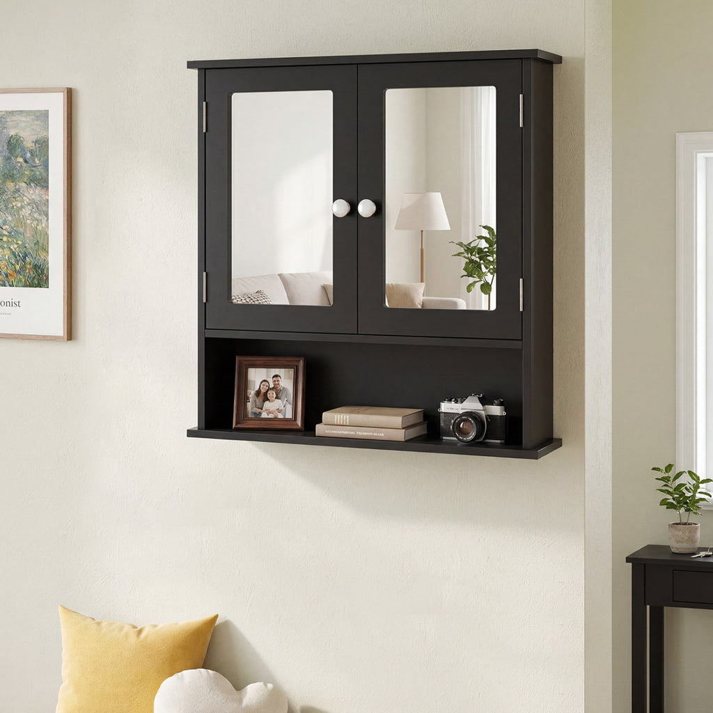 Double Door Wall-Mounted Bathroom Mirror Cabinet with Storage Shelf-Black