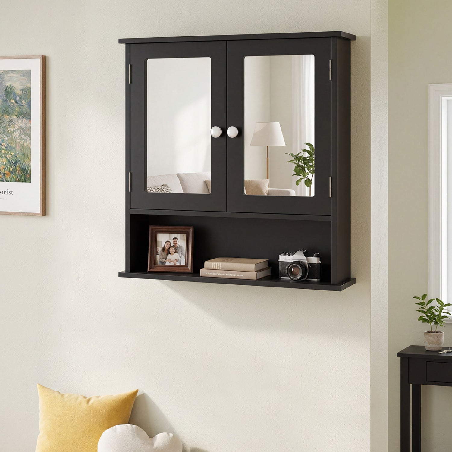 Double Door Wall-Mounted Bathroom Mirror Cabinet with Storage Shelf-Black