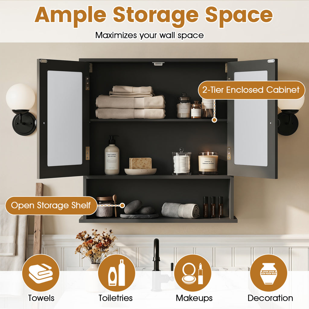 Double Door Wall-Mounted Bathroom Mirror Cabinet with Storage Shelf-Black