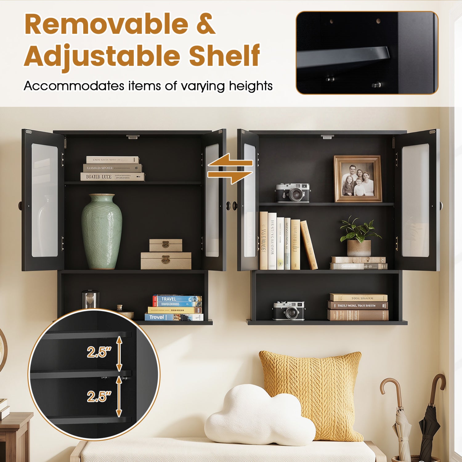 Double Door Wall-Mounted Bathroom Mirror Cabinet with Storage Shelf-Black