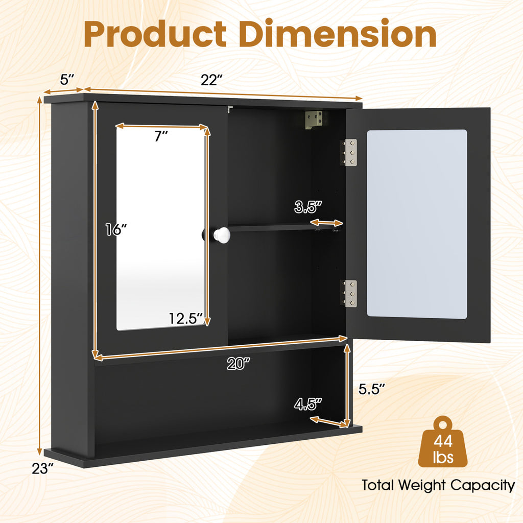 Double Door Wall-Mounted Bathroom Mirror Cabinet with Storage Shelf-Black